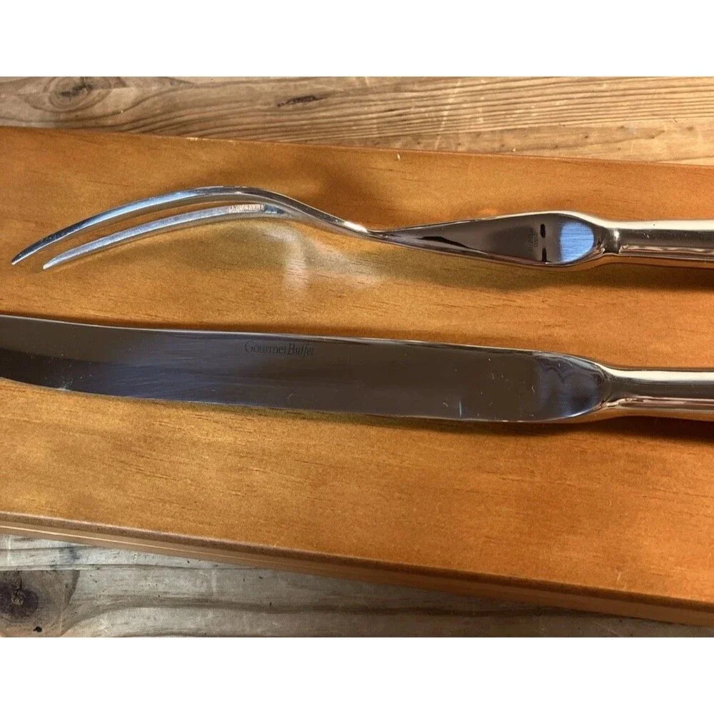 Gourmet Buffet 2 Piece Fork Knife Stainless Steel Carving Set In Walnut Wood Box